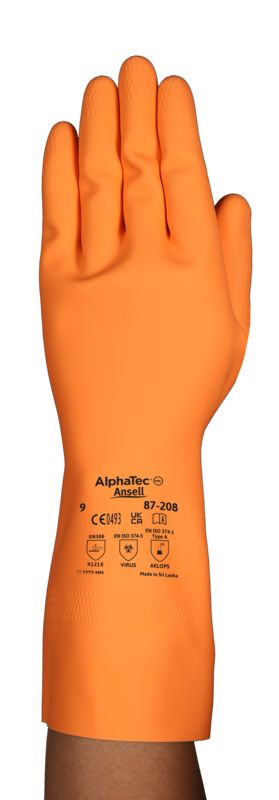Ansell AlphaTec 87-208 Orange Natural Rubber Latex Work Gloves, Size 10