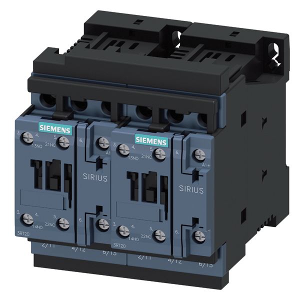 Siemens 3RA23 3RA23 Contactor, 24 VDC Coil, 3-Pole, 13 A, 11 kW, 2 x 1 NO, 690 V