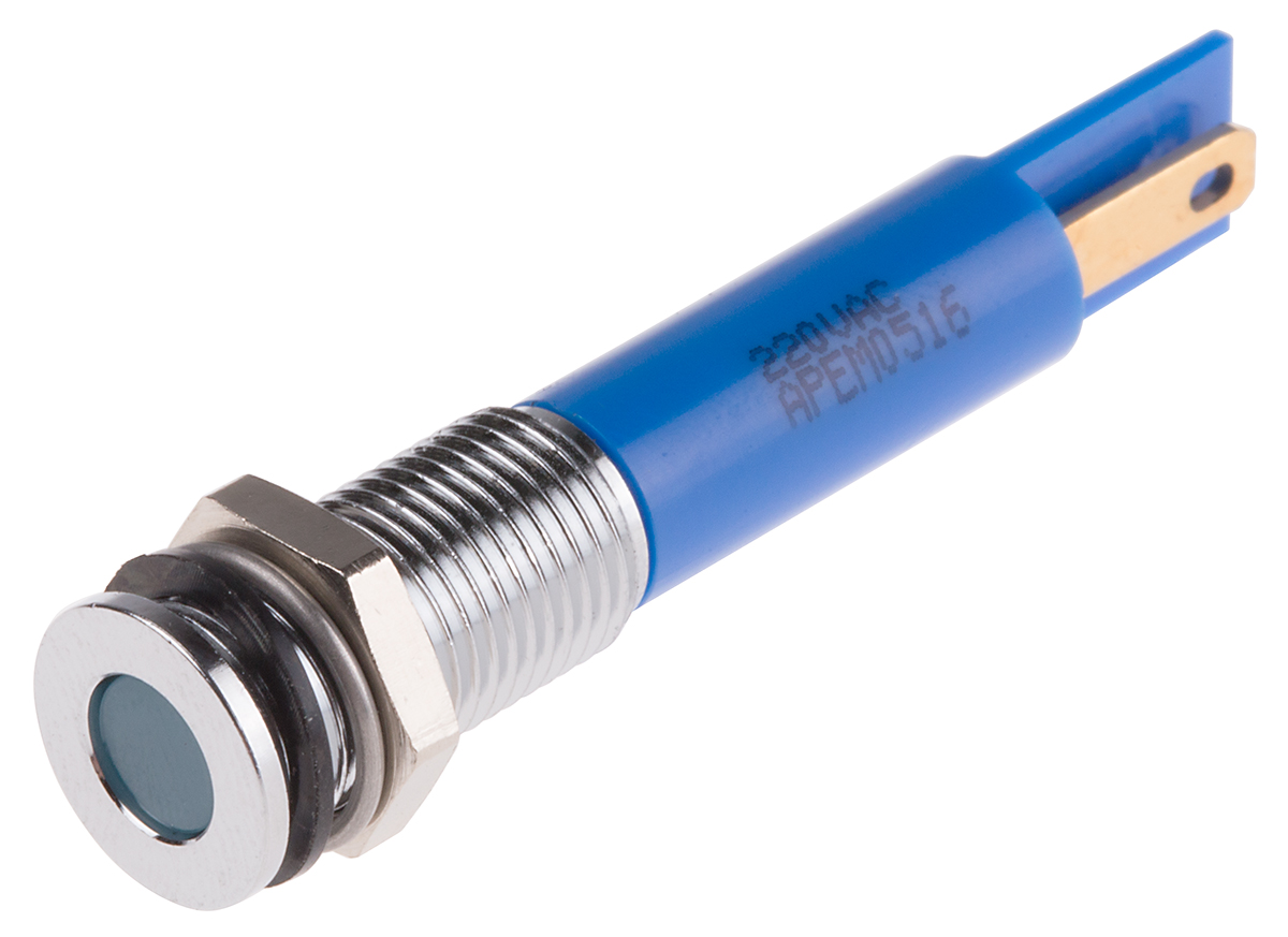 RS PRO Blue Panel Mount Indicator, 220V ac, 8mm Mounting Hole Size, Faston, Solder Lug Termination, IP67