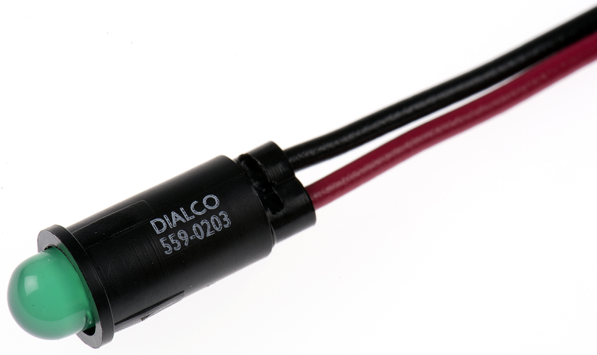 Dialight Green Panel Mount Indicator, 12V dc, 6.4mm Mounting Hole Size, Lead Wires Termination