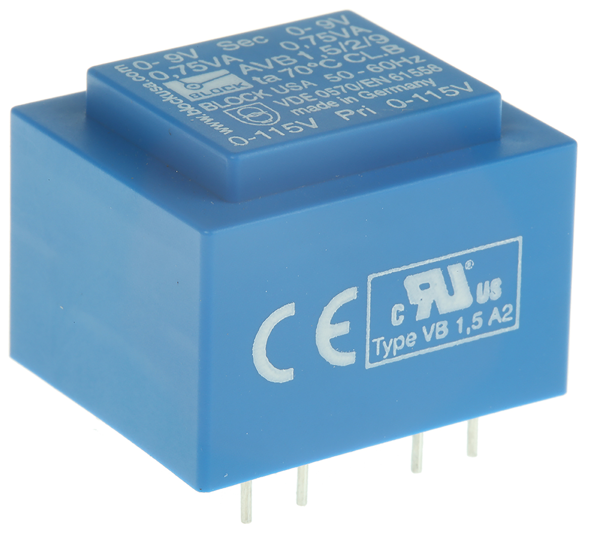 Block 9V ac 2 Output Through Hole PCB Transformer, 1.5VA