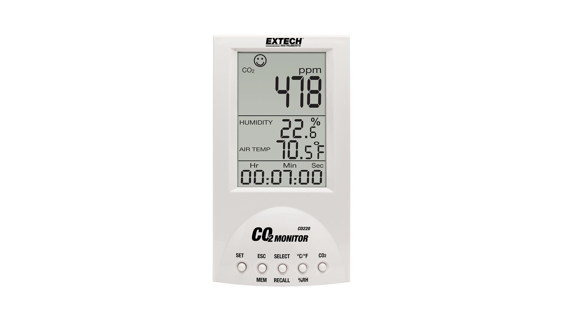 Extech CO220 Air Quality Monitor for CO2, Humidity, Temperature, +60°C Max, 99.9%RH Max, AC Adapter-Powered