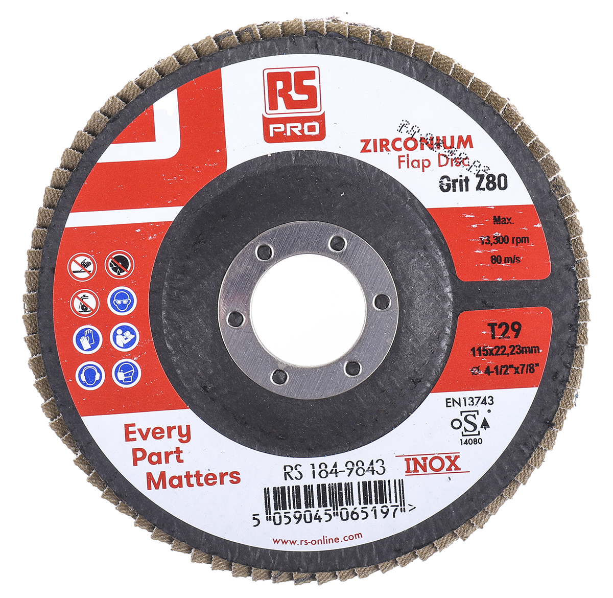 RS PRO Zirconium Flap Disc, 115mm x 7mm Thick, 80+ Grade, P80 Grit, 5 in pack