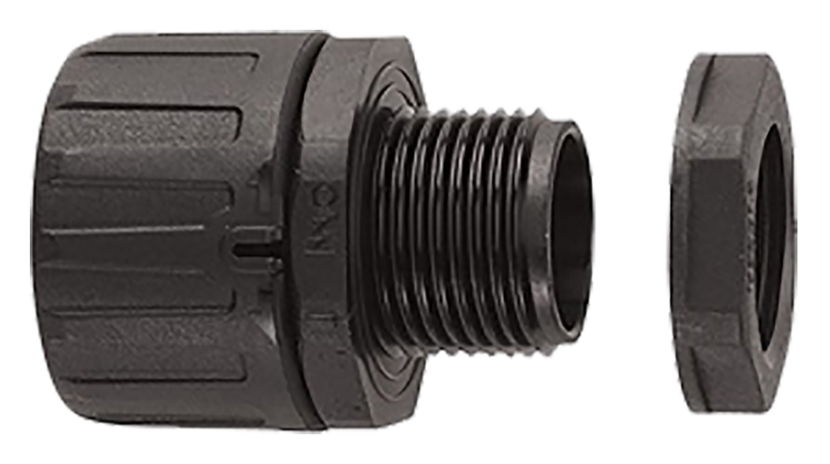 Flexicon External Thread Fitting, Conduit Fitting, 11mm Nominal Size, M12, Nylon 66, Black IP66 rating