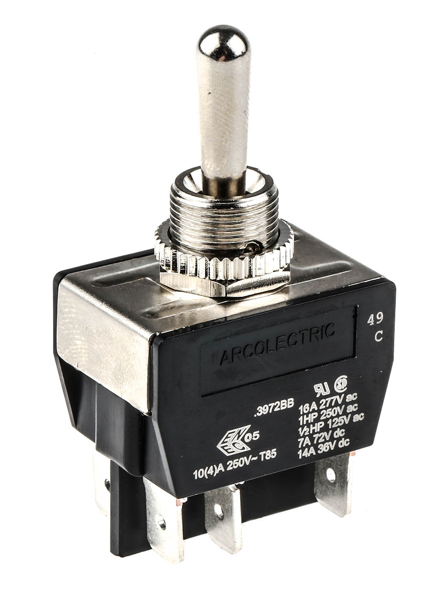 Arcolectric (Bulgin) Ltd Toggle Switch, Panel Mount, (On)-Off-(On), DPDT, Tab Terminal