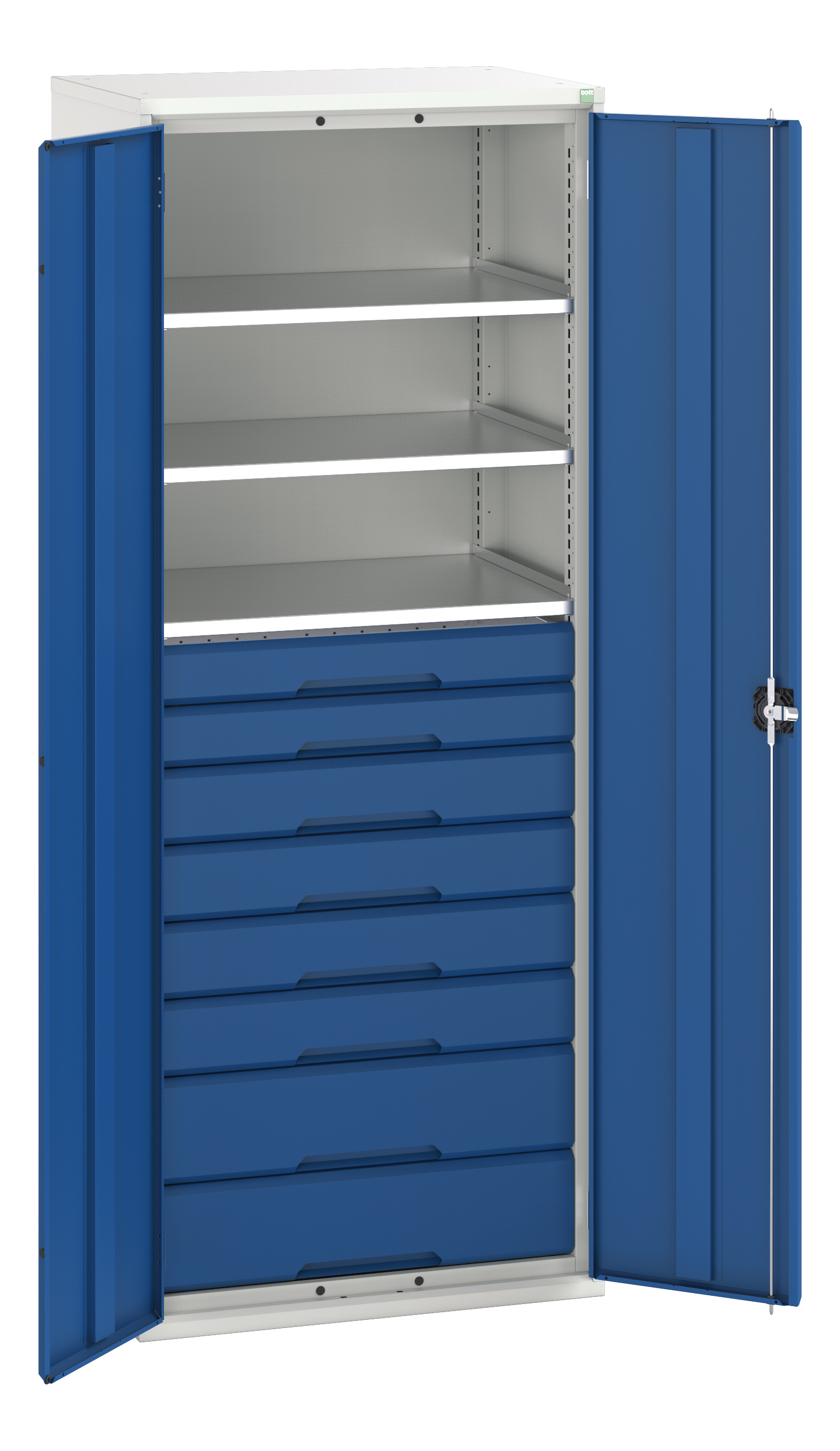 Bott 2 Door, 8 Drawer Sheet Steel Floor Standing Cupboard, 800 x 550 x 2000mm