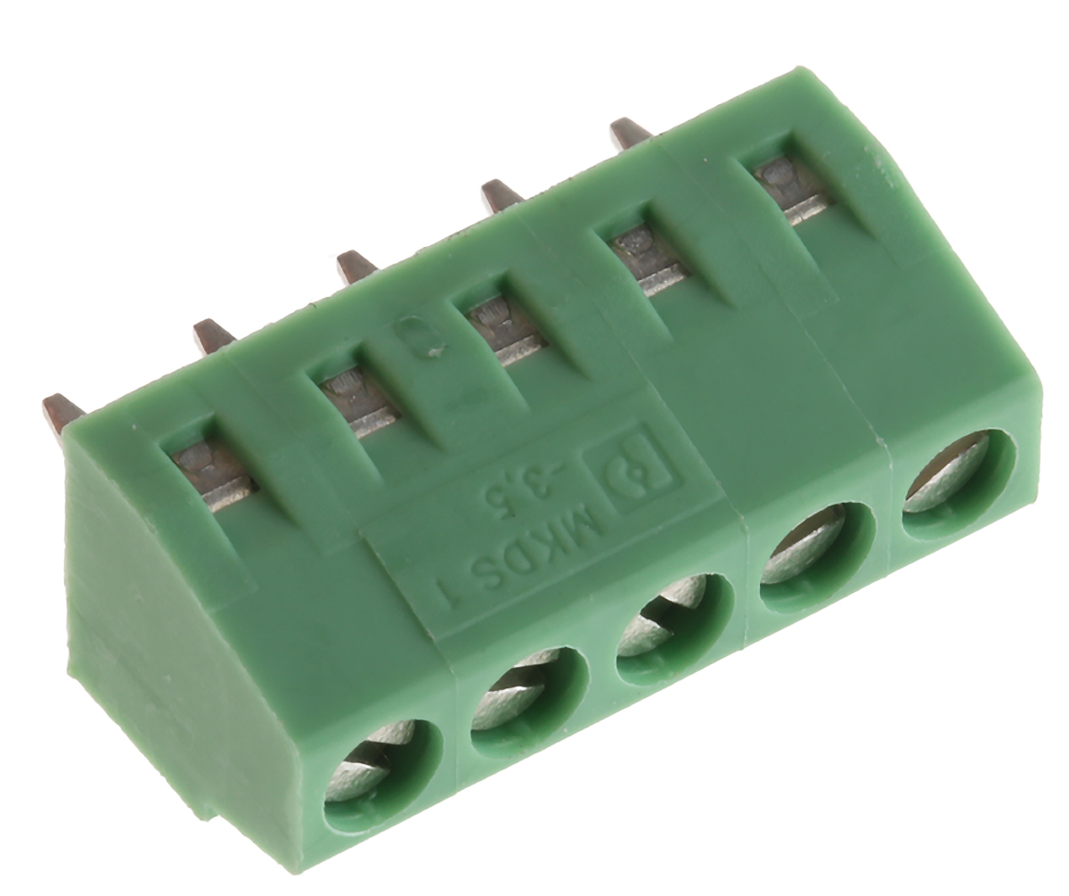 Phoenix Contact MKDS 1/5-3.5 Series PCB Terminal Block, 5-Contact, 3.5mm Pitch, Through Hole Mount, 1-Row, Screw