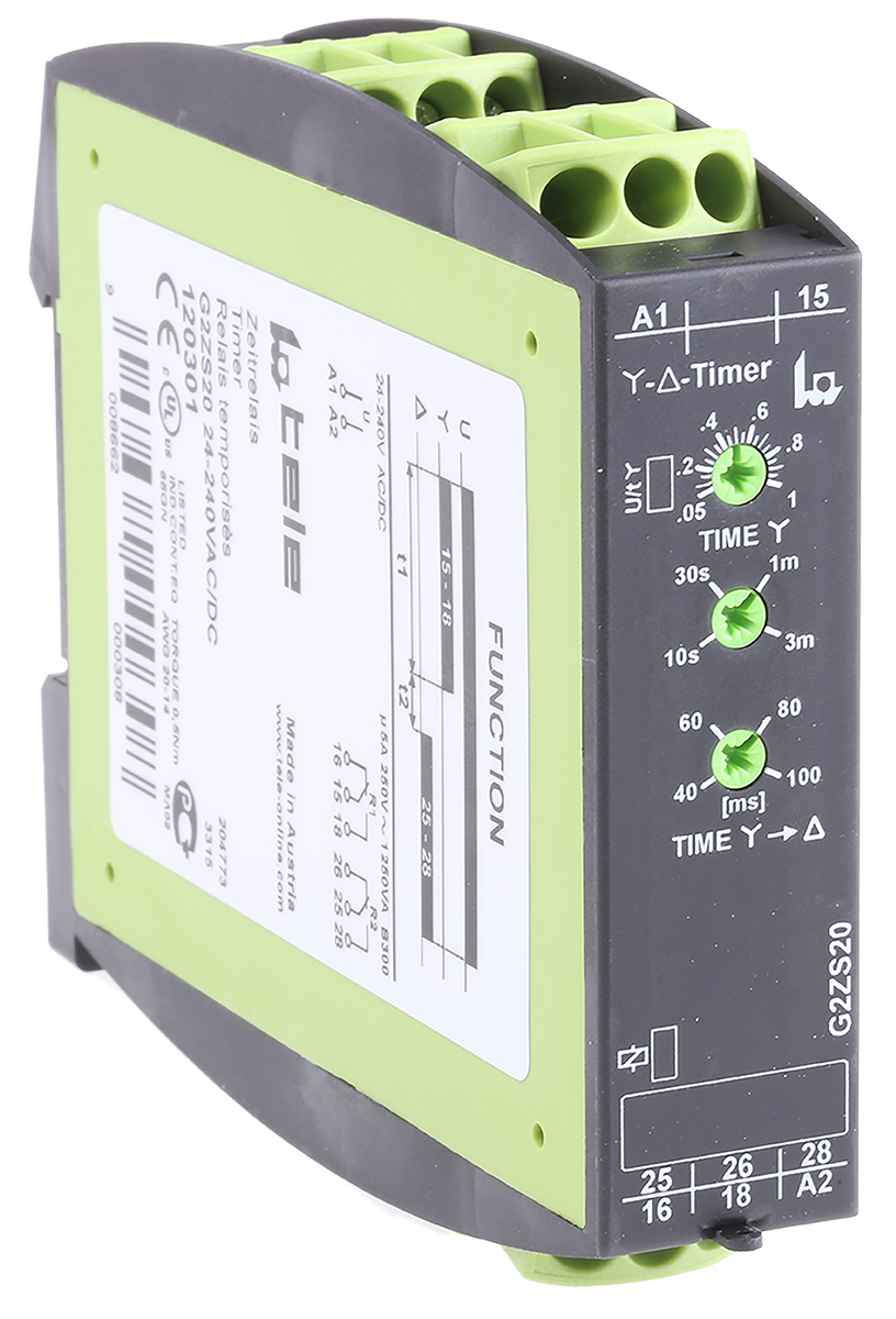 Tele G2ZS20 Series DIN Rail Mount Timer Relay, 24 → 240V ac/dc, 2-Contact, 0.04 s → 3min, 1-Function, DPDT