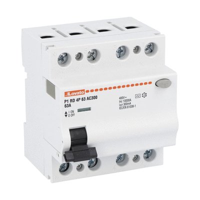 Lovato P1RD Residual Current Circuit Breaker, 63A, 4 Pole, 300mA, Type AC, 230 V ac, 400 V ac