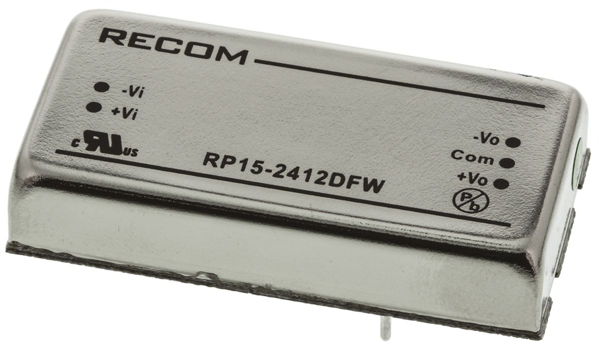 Recom RP15 FW DC-DC Converter, ±12V dc/ ±625mA Output, 9 → 36 V dc Input, 15W, Through Hole, +75°C Max Temp