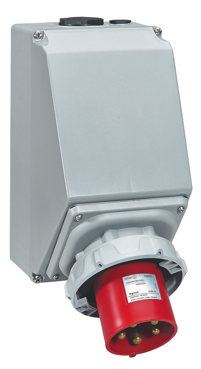 Legrand IP67 Red Wall Mount 3P + N + E Right Angle Industrial Power Plug, Rated At 63A, 415 V