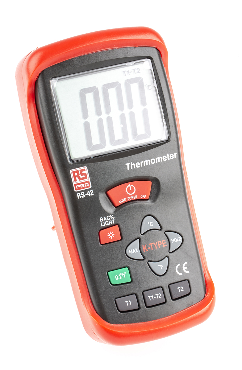 RS PRO RS42 Wired Digital Thermometer, K Probe, 2 Input(s), +1300 °C, +2000°F Max, ±0.5% + 1 °C, ±0.5% + 2 °F Accuracy