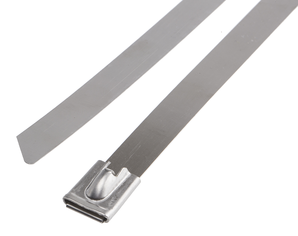RS PRO Cable Tie, Roller Ball, 840mm x 12 mm, Silver Stainless Steel, Pk-100