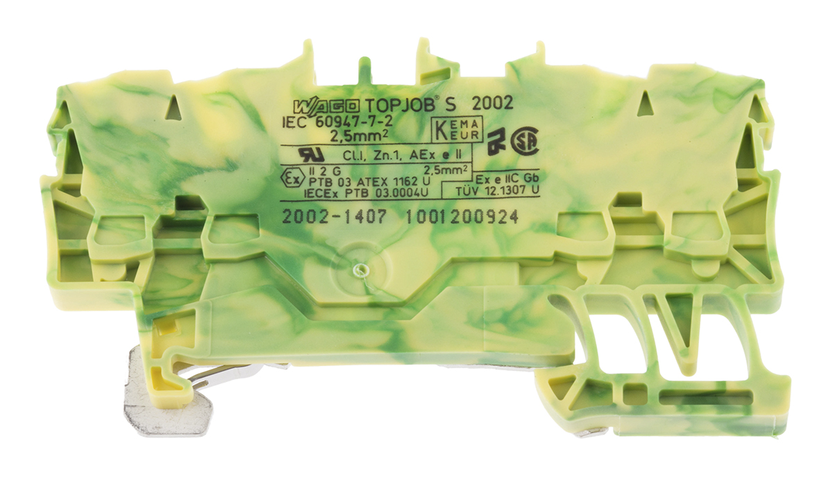 WAGO 2002-1407 TOPJOB S, 2002 Series Green/Yellow, 2.5mm², Single-Level, Push-In Cage Clamp Termination, ATEX, IECEx