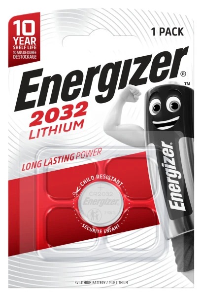 Energizer CR2032 Button Battery, 3V, 17mm Diameter, Single