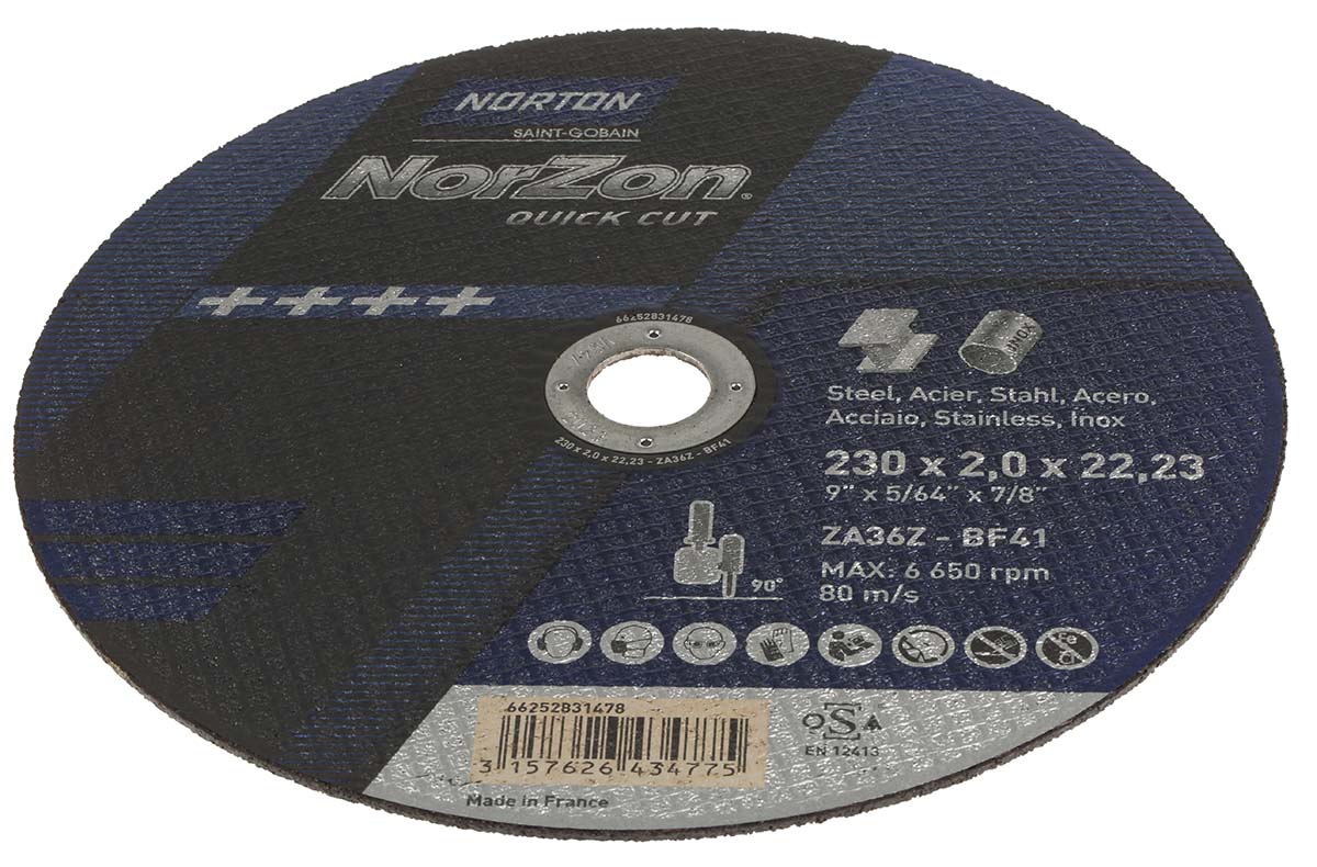 Norton Cutting Disc Zirconium Cutting Disc, 230mm x 2mm Thick, P36 Grit, 5 in pack