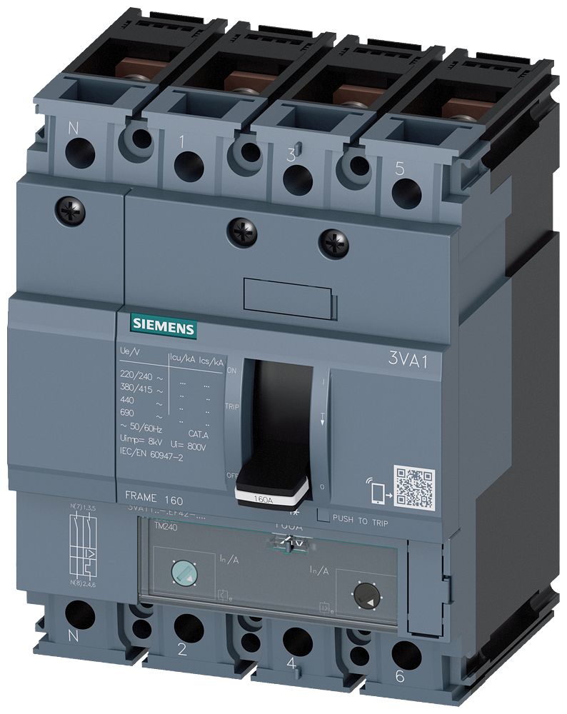 Siemens, 3VA1 MCCB 4P 16A, Breaking Capacity 55 kA, Fixed Mount