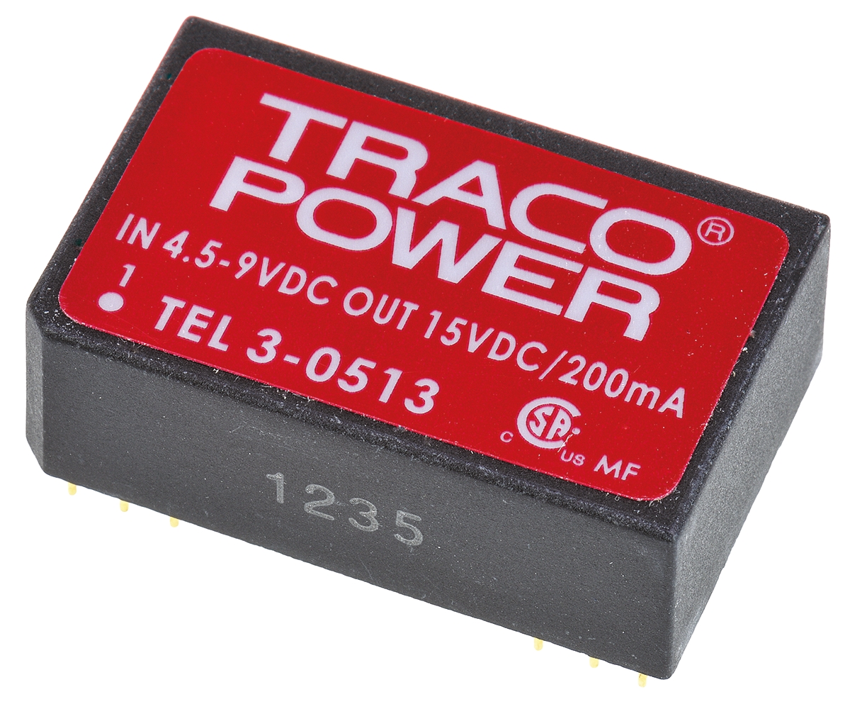 TRACOPOWER TEL 3 DC-DC Converter, 15V dc/ 200mA Output, 4.5 → 9 V dc Input, 3W, Through Hole, +85°C Max Temp