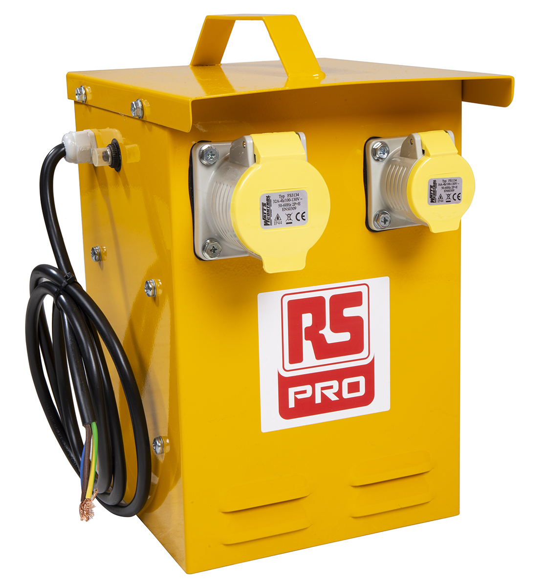 RS PRO 3 kVA Intermittent 5 Mins on 15 Mins off Site Transformer, 230V ac Primary, 110 (55V Secondary, 1 x 16 A, 1 x 32