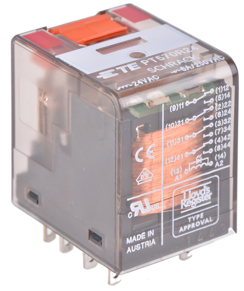 TE Connectivity PCB Mount Power Relay, 24V ac Coil, 6A Switching Current, 4PDT