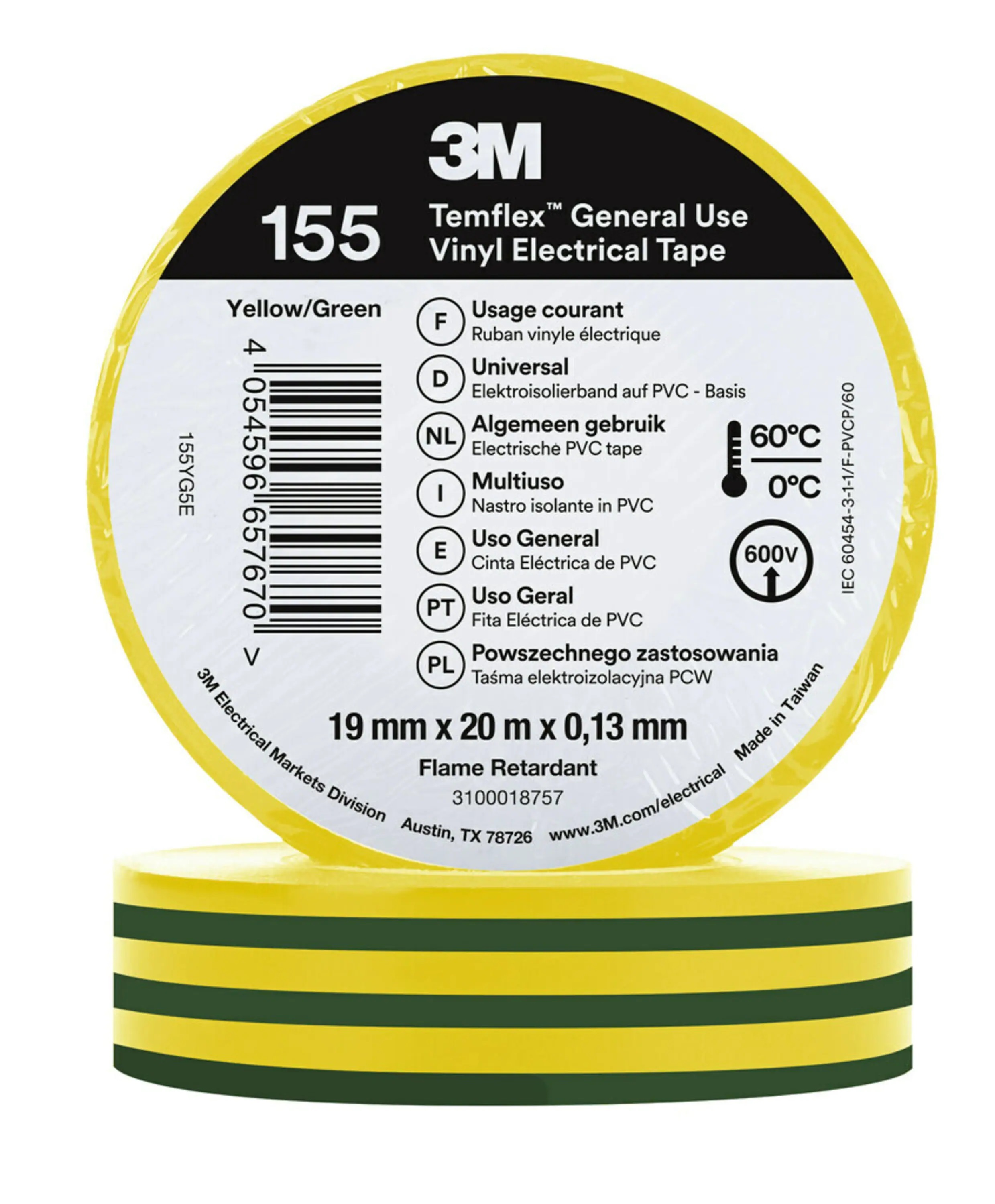 3M Temflex 155 Green, Yellow Vinyl Electrical Tape, 19mm x 20m