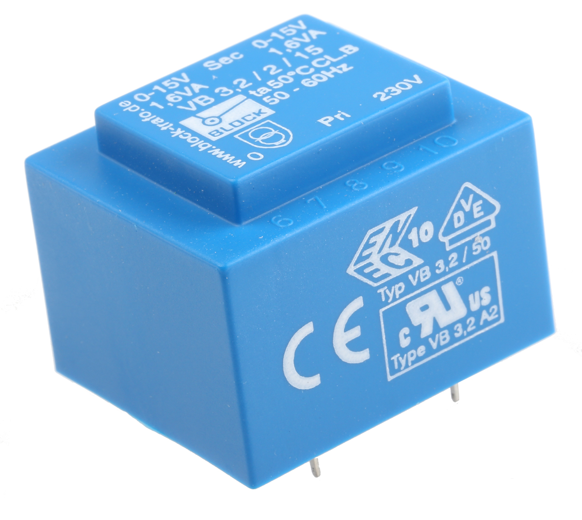 Block 15V ac 2 Output Through Hole PCB Transformer, 3.2VA
