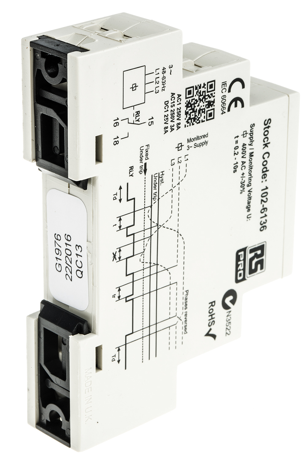 RS PRO Phase, Voltage Monitoring Relay, 3 Phase, SPDT, DIN Rail