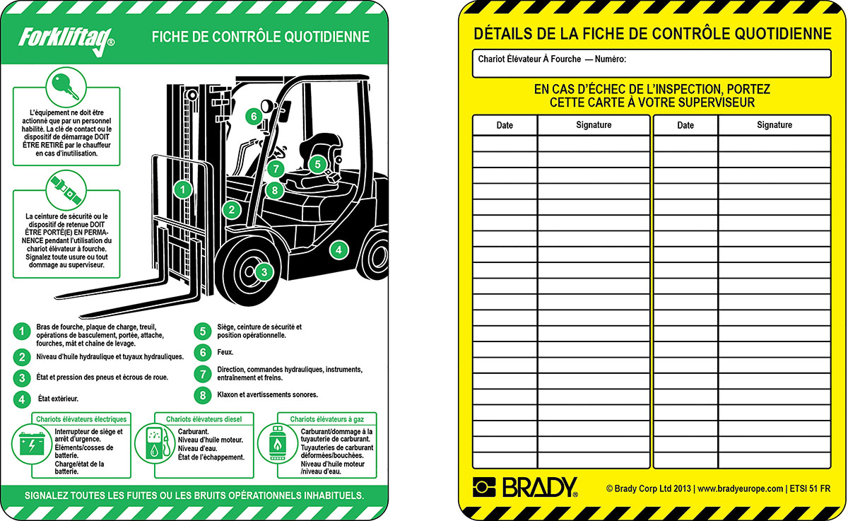 Brady Black on Blue, Green Safety Forklift Tag, French Language, 10 per Pack