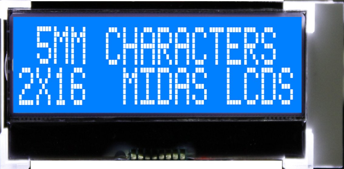 Midas MCCOG21605D6W-BNMLWI Alphanumeric LCD Display, White on Blue, 2 Rows by 16 Characters, Transmissive