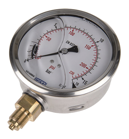 WIKA G 3/8 Analogue Pressure Gauge 16bar Bottom Entry 100mm Outside Diameter, UKAS