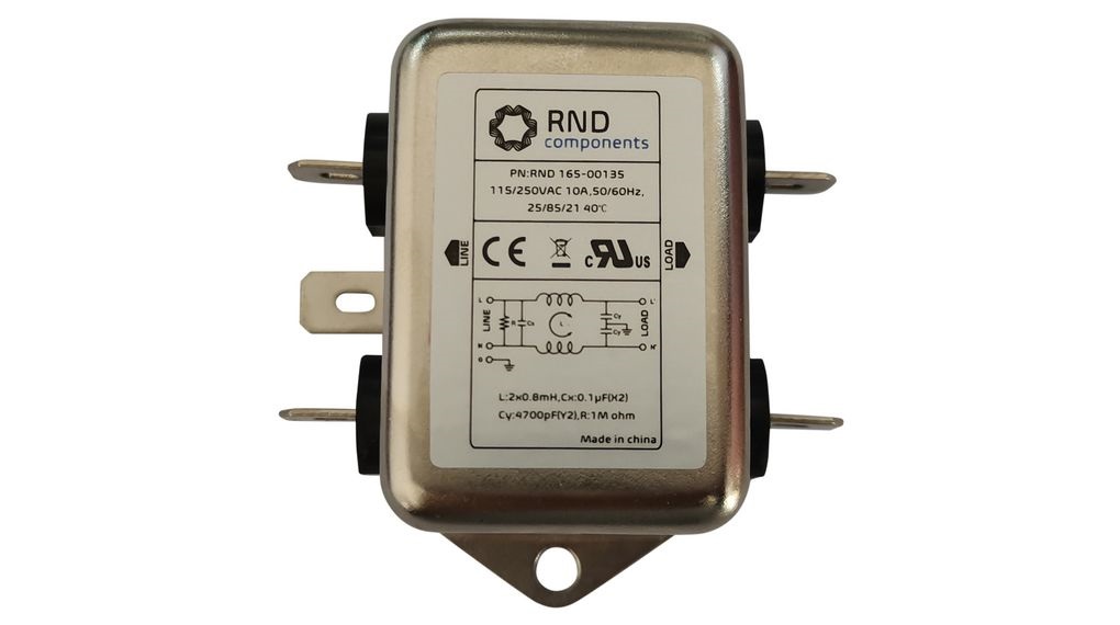 RND, RND 165 10A 250 V 50 Hz, 60 Hz, Chassis Mount EMI Filter, Tab, Single Phase
