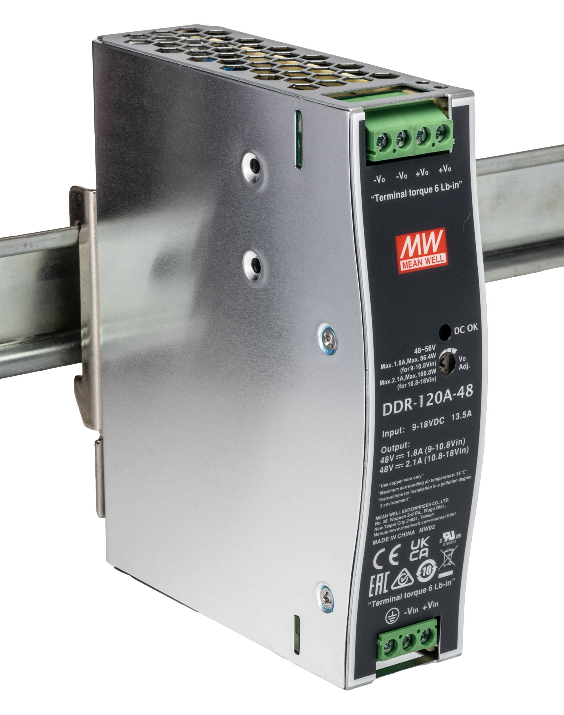 MEAN WELL DDR-120 DC-DC Converter, 48V dc/ 2.1A Output, 100.8W, DIN Rail Mount, +70°C Max Temp -40°C Min Temp