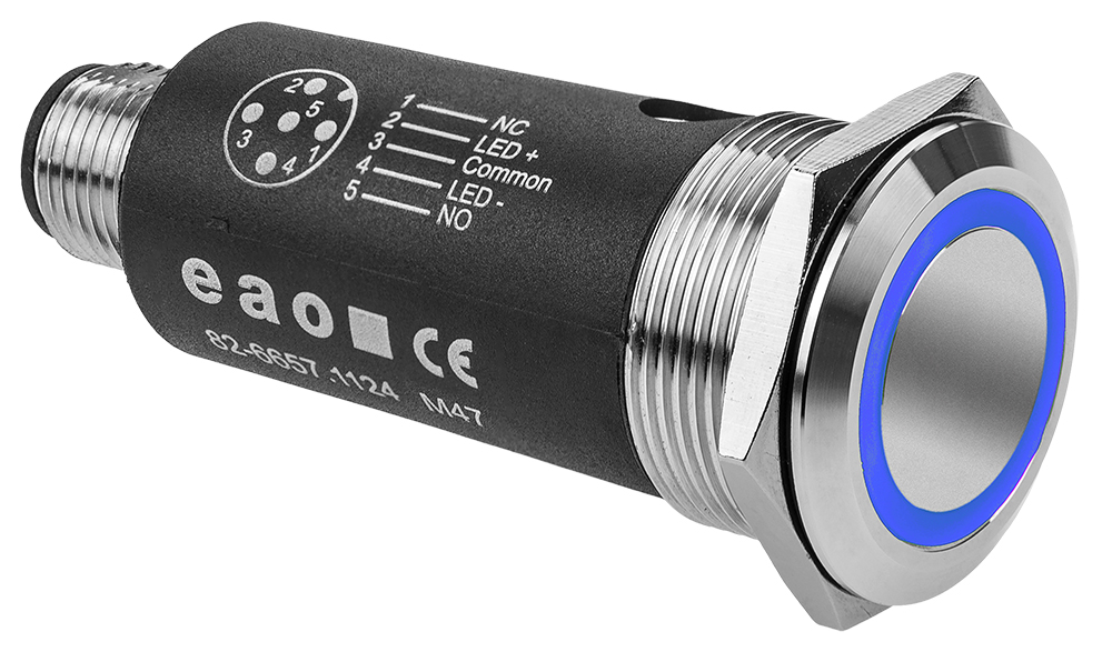 EAO 82 Series Illuminated Illuminated Push Button Switch, Momentary, Panel Mount, 22mm Cutout, SPDT, Blue LED, 35V,