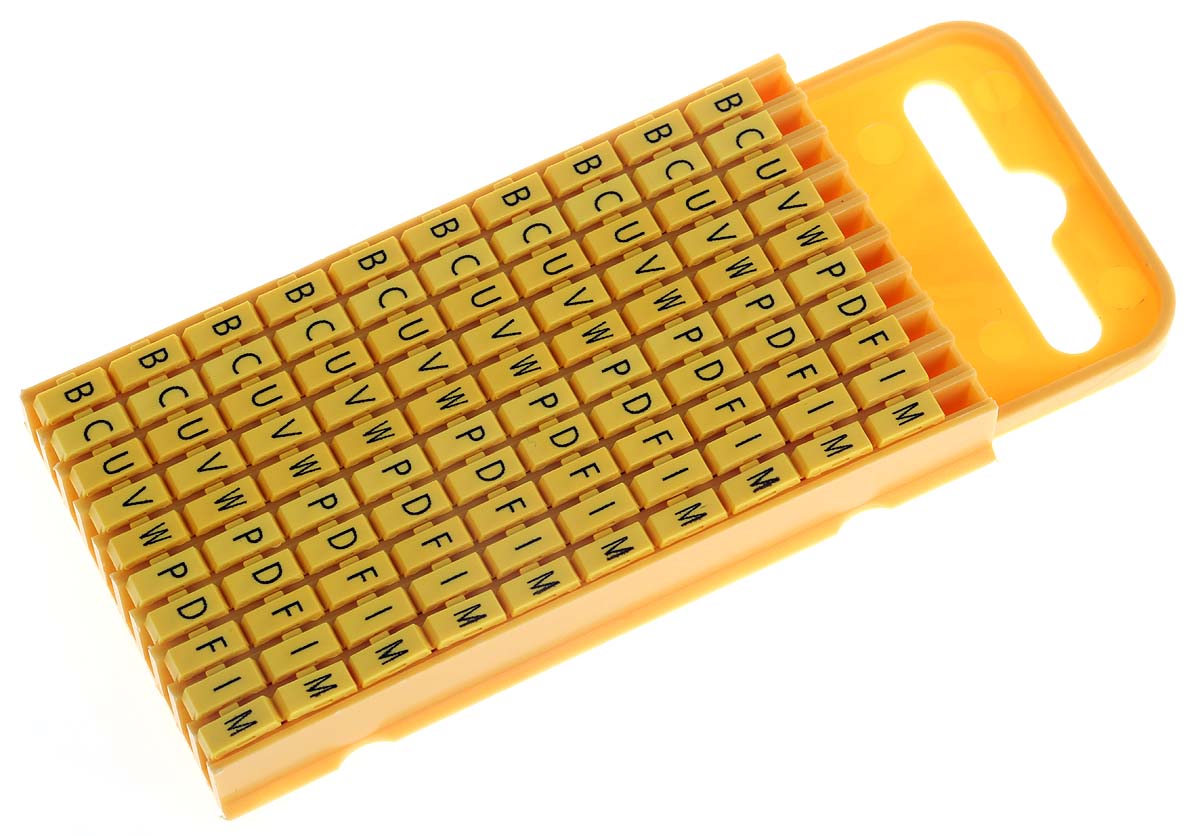 HellermannTyton WIC3 Snap On Cable Markers, Yellow, Pre-printed "B; C; D; F; I; M; P; U; V; W", 4.3 → 5.3 Cable,
