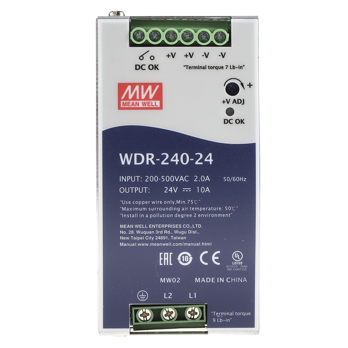 MEAN WELL WDR Switched Mode DIN Rail Power Supply, 180 → 550V ac ac Input, 24V dc dc Output, 10A Output, 240W