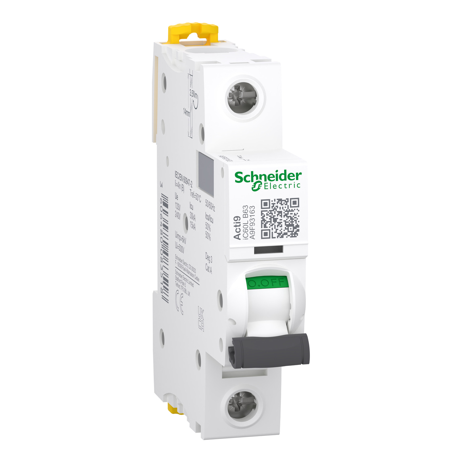 Schneider Electric Acti9 Acti9 iC60 MCB, 1P, 63A Curve B, 500V AC, 72V DC, 240 V Breaking Capacity