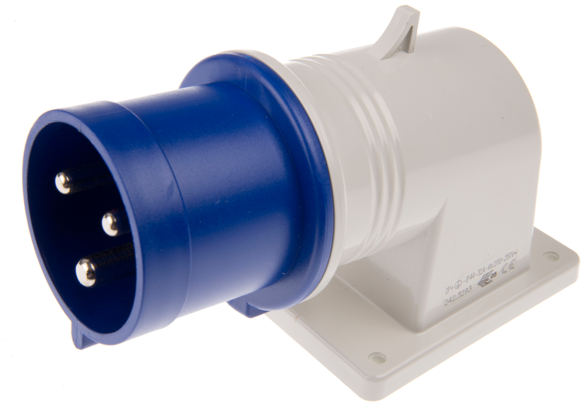Scame IP44 Blue Wall Mount 2P + E Right Angle Industrial Power Plug, Rated At 32A, 230 V