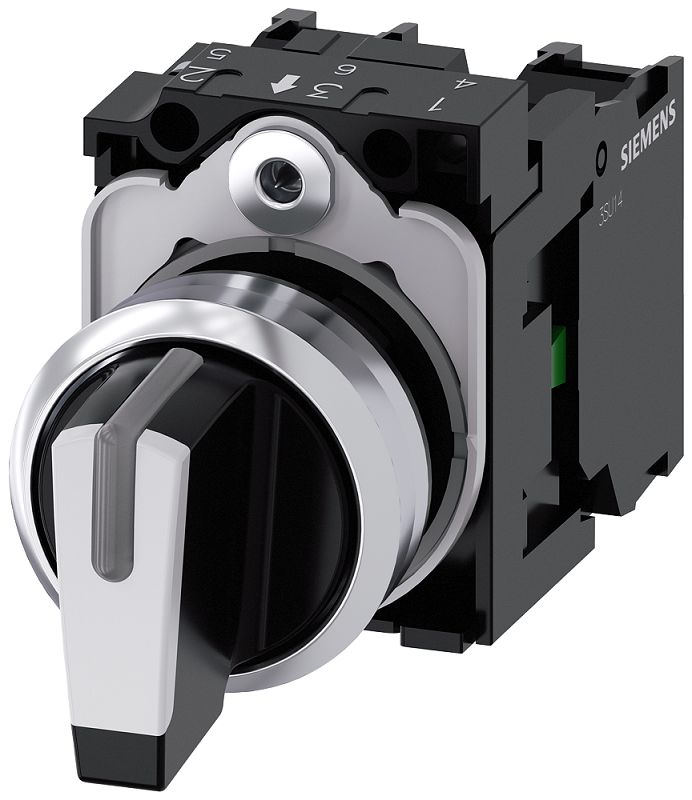Siemens Short Handle Selector Switch - (2NO) 22mm Cutout Diameter, Illuminated 3 Positions