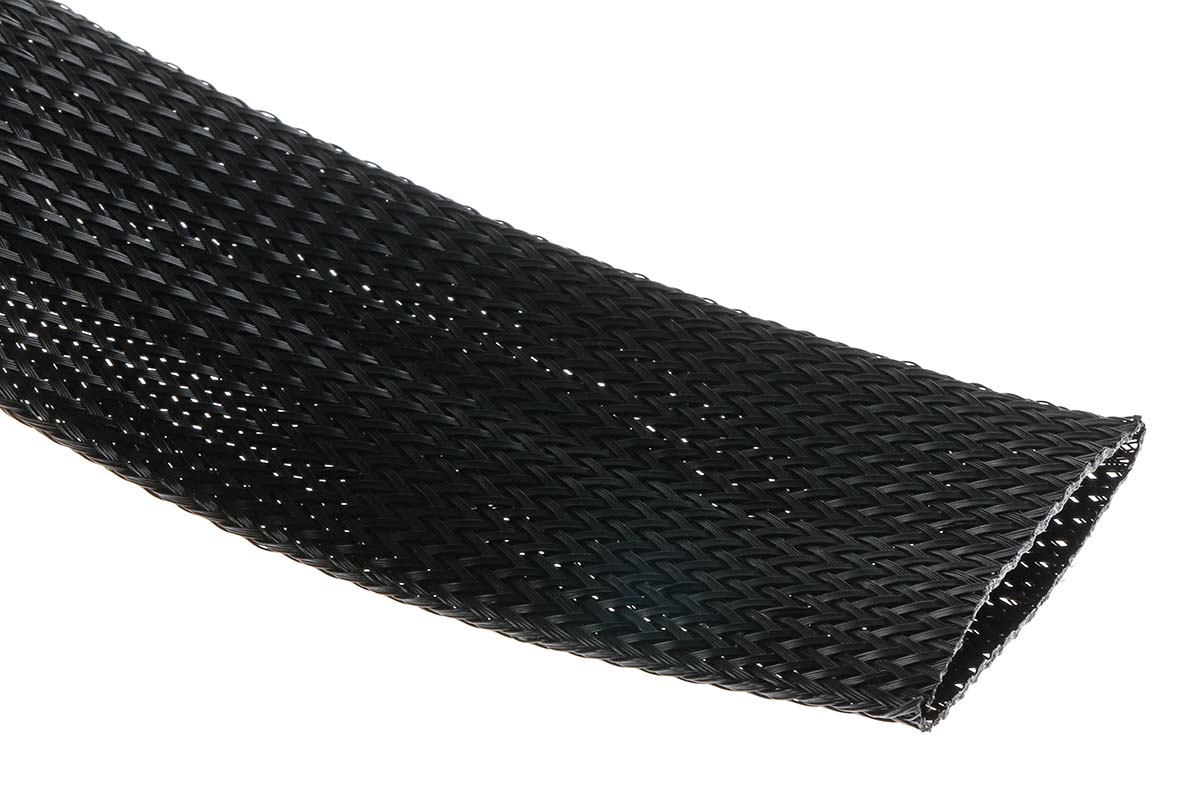RS PRO Expandable Braided PET Black Cable Sleeve, 40mm Diameter, 5m Length