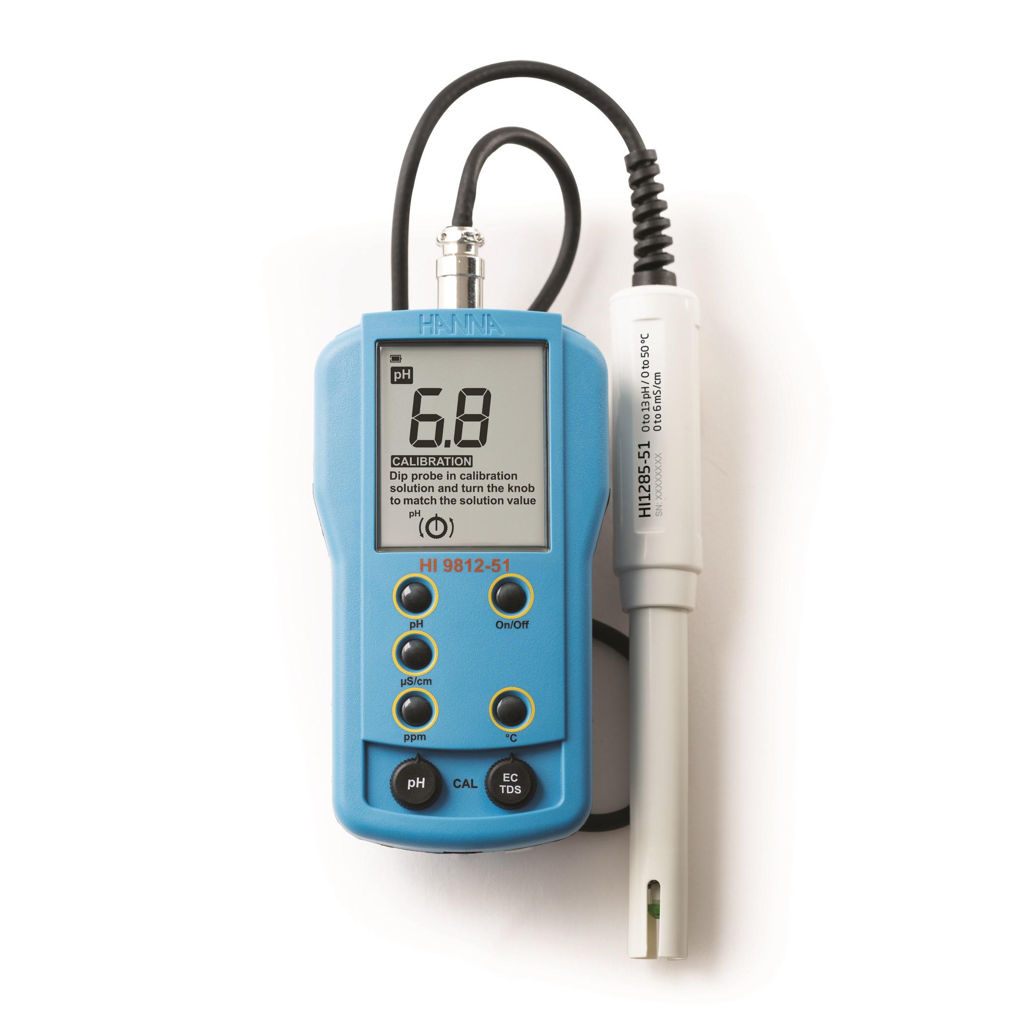Hanna Instruments HI-9812-51 pH Meter, 0.1pH Accuracy, 0.1pH Resolution, 14pH Max, +70 °C Max