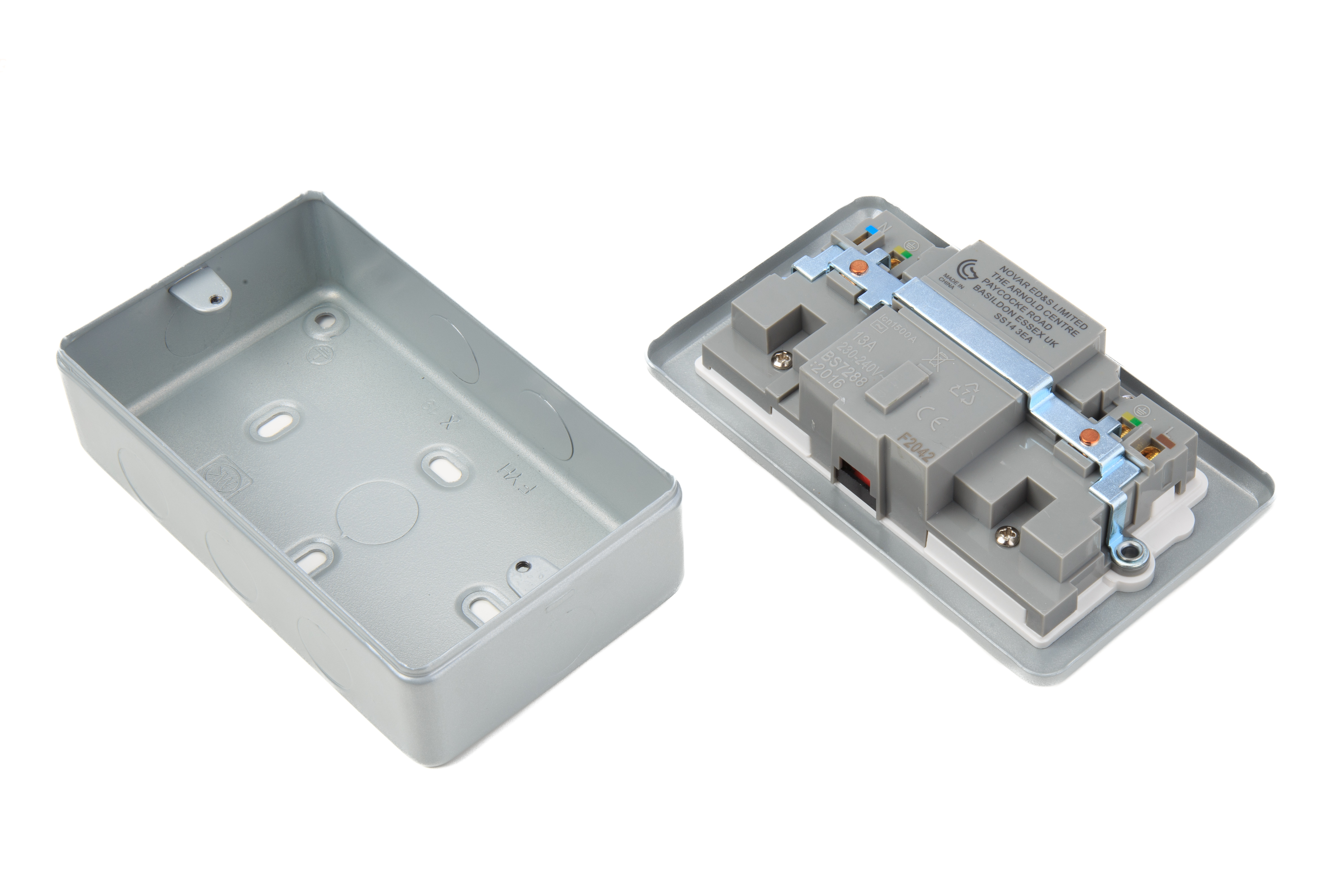 MK Electric 13A, BS Fixing, Active, 2 Gang RCD Socket, Steel, Surface Mount , Switched, 250 V ac, Grey