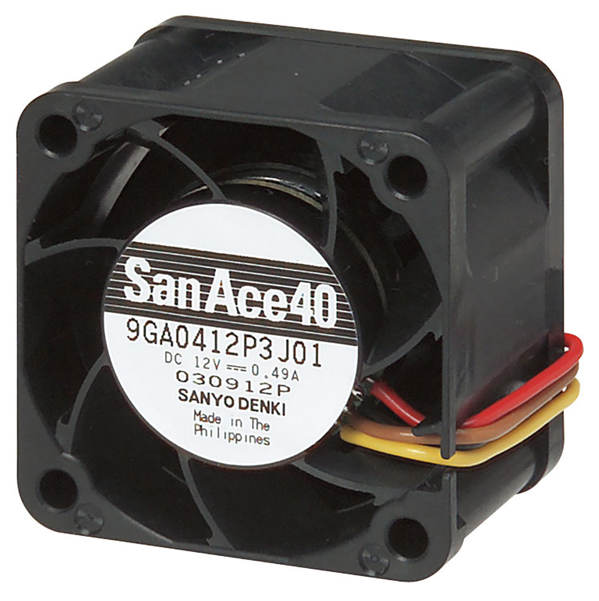 Sanyo Denki 9GA Series Axial Fan, 12 V dc, DC Operation, 48.6m³/h, 11.04W, 920mA Max, 40 x 40 x 28mm