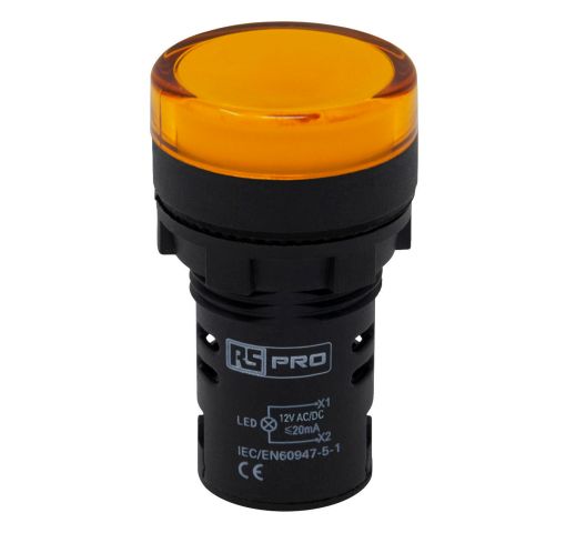 RS PRO, Panel Mount Yellow LED Pilot Light, 22mm Cutout, IP65, Round, 12V ac/dc