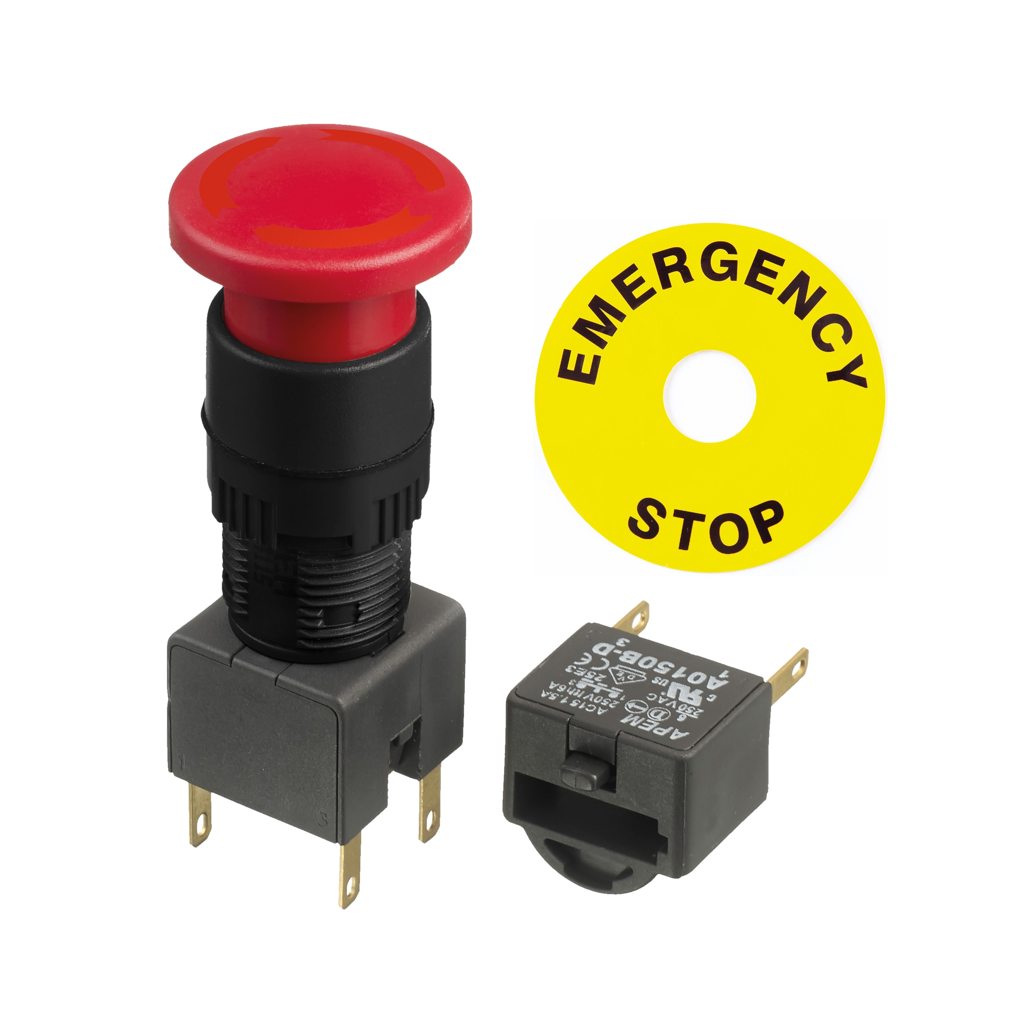 APEM A01ES Series Twist Release Emergency Stop Push Button, Panel Mount, 16mm Cutout, 2NC, IP65