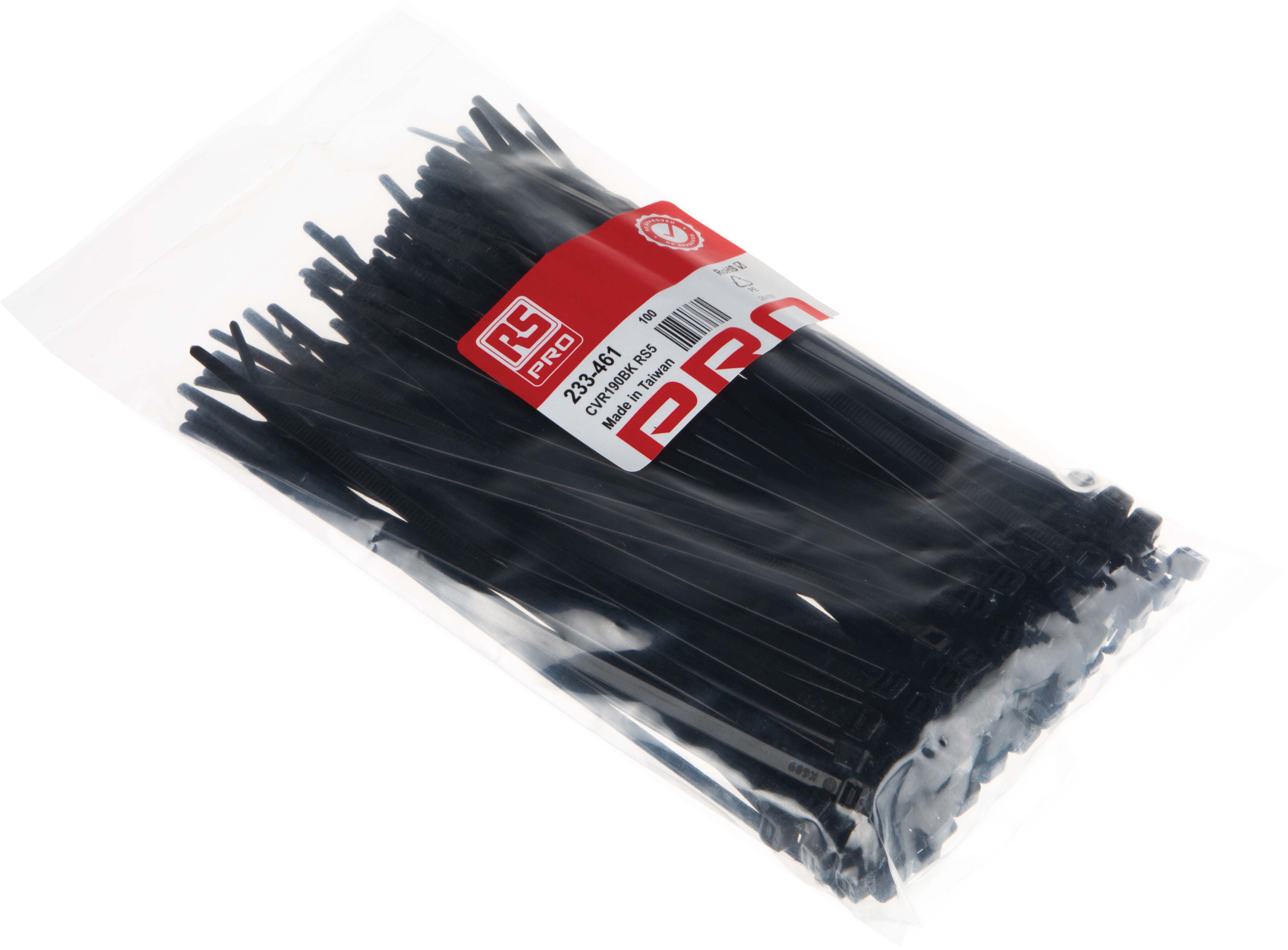 RS PRO Cable Tie, 190mm x 4.8 mm, Black Nylon, Pk-100