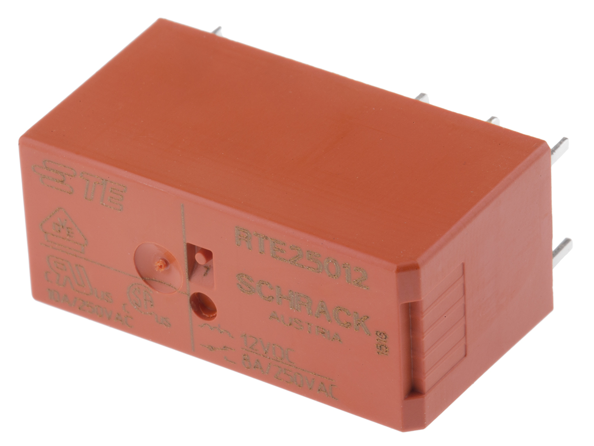 TE Connectivity PCB Mount Power Relay, 12V dc Coil, 8A Switching Current, DPDT