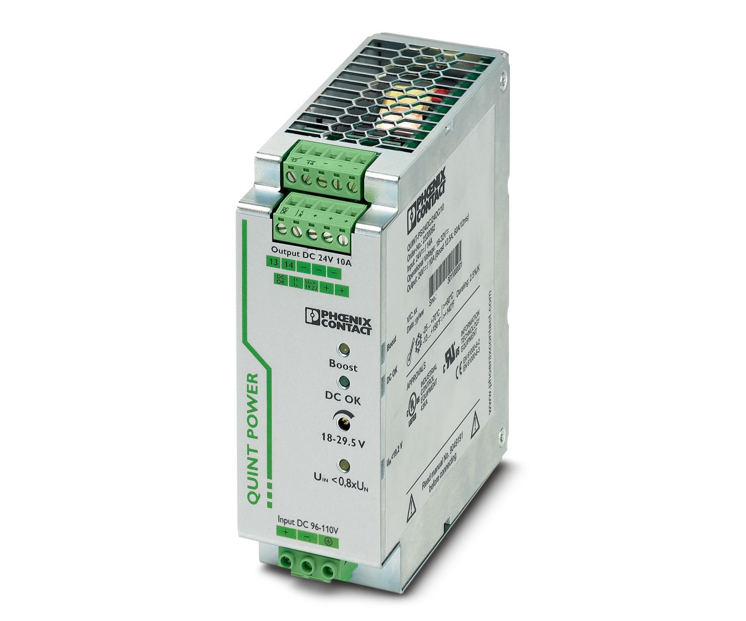 Phoenix Contact QUINT-PS/96-110DC/24DC/10/CO DC-DC Converter, 24V dc/ 10A Output, 67.2 → 154 V dc Input, 240W,