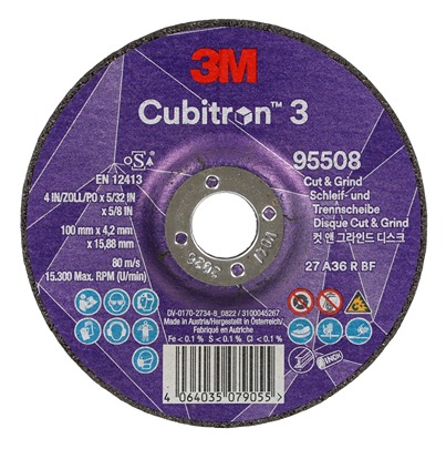 3M 95508 Ceramic Cutting Disc, 100mm x 4.2mm Thick, 36+ Grade, 10 in pack