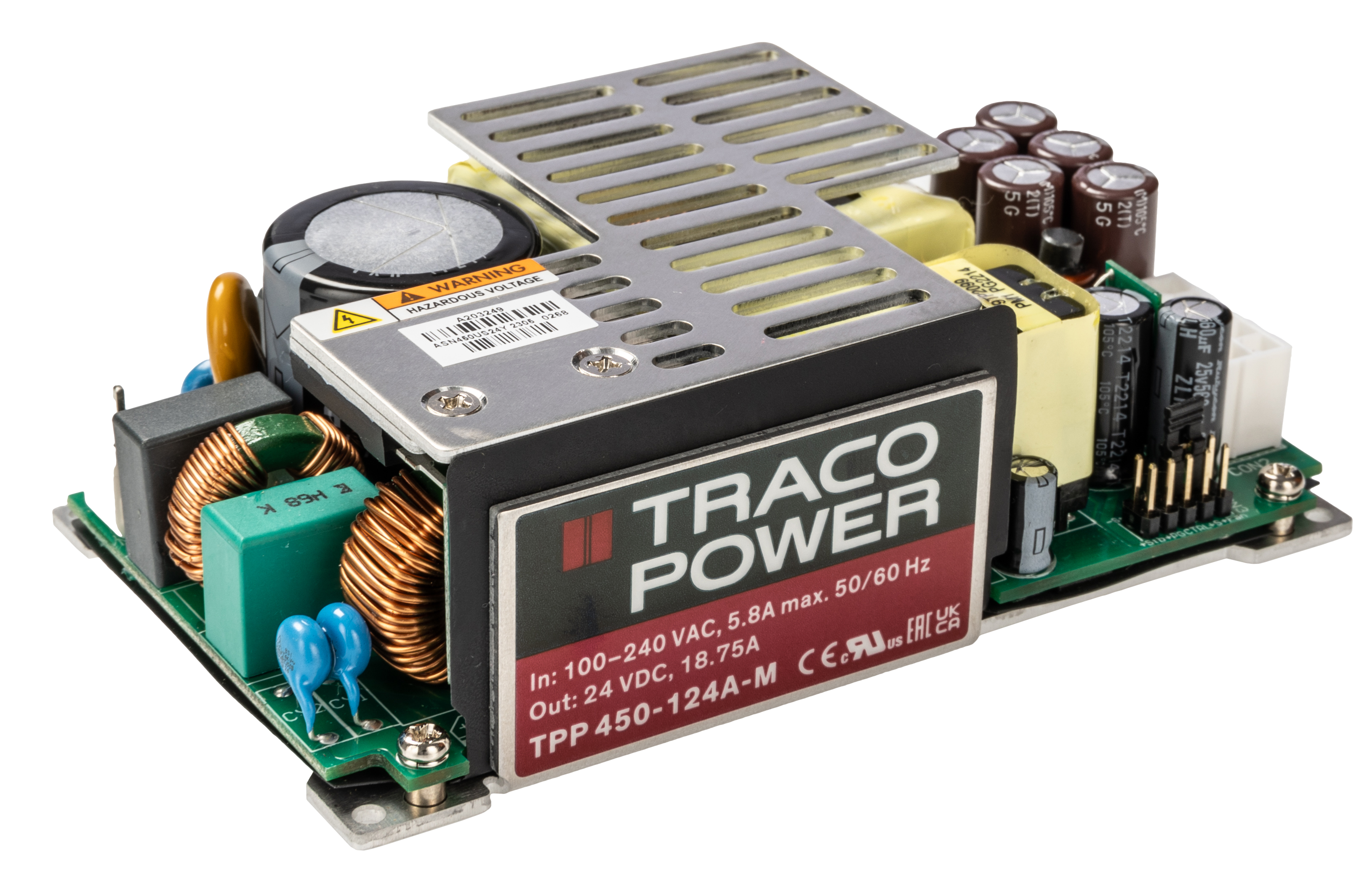TRACOPOWER Switching Power Supply, TPP 450-124A-M, 24V dc, 13.3 A, 18.75 A, 450W, 1 Output, 120 → 370 V dc, 85