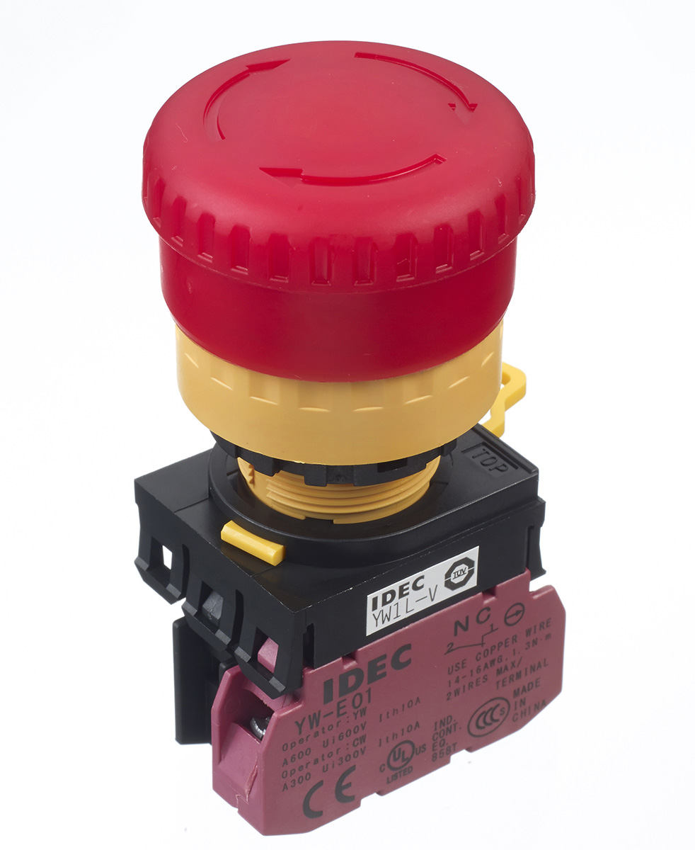 Idec YW Series Twist Release Illuminated Emergency Stop Push Button, Panel Mount, 22mm Cutout, 1NC, IP65